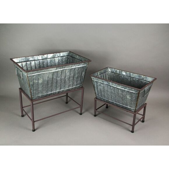 Set of 2 Galvanized Zinc Finish Metal Tub Planters On Stands - Picture 3 of 4